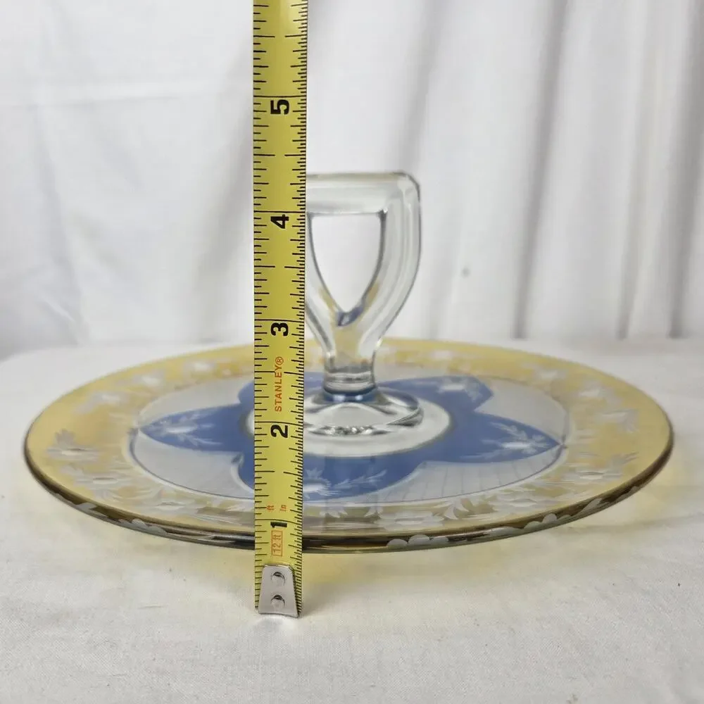 Vintage Westmoreland Crystal Blue Yellow Floral Cut Glass Sandwich Tray Dessert